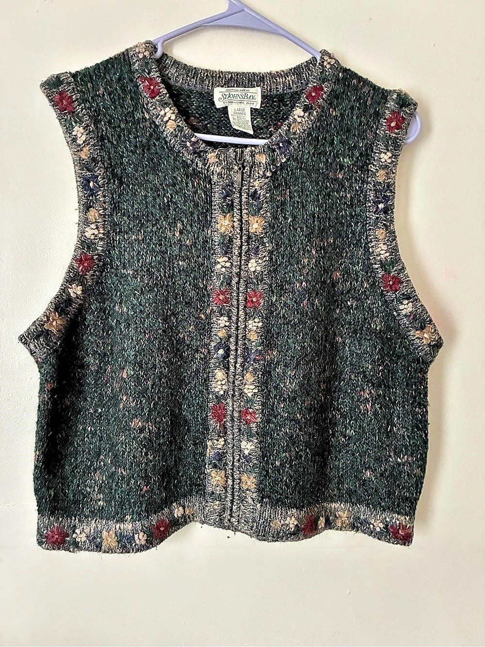 St. John's Bay Floral Knit Zip Vest Green Large